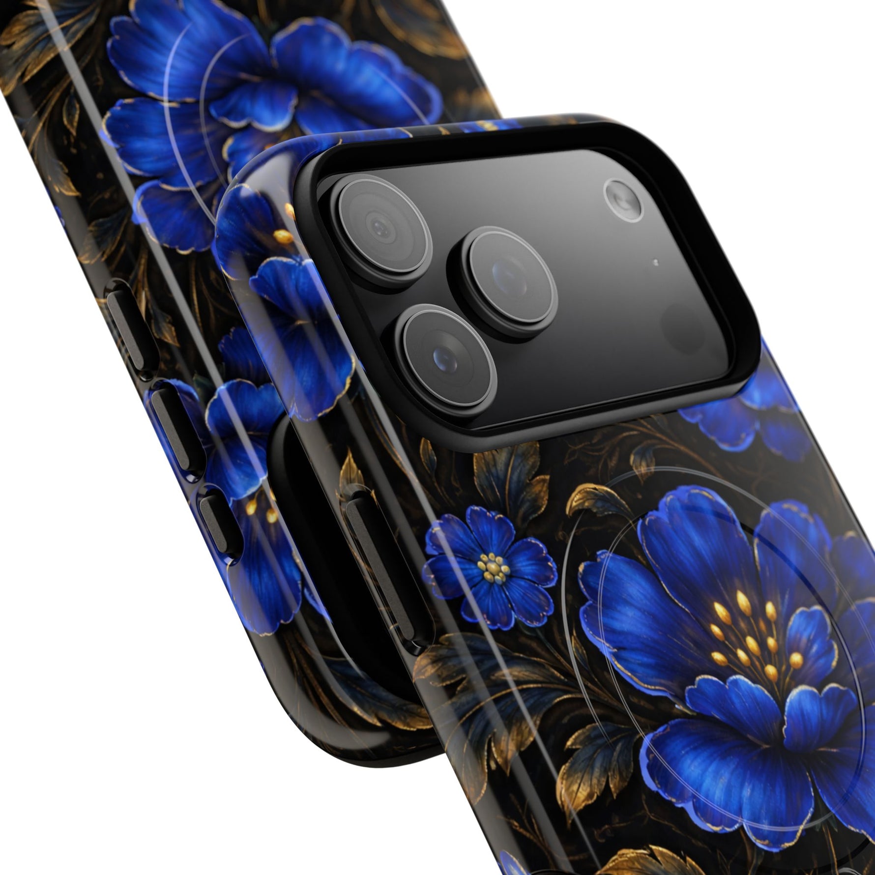Two iPhones with glossy black cases featuring vibrant blue floral designs and gold accents, showing camera details and variant size