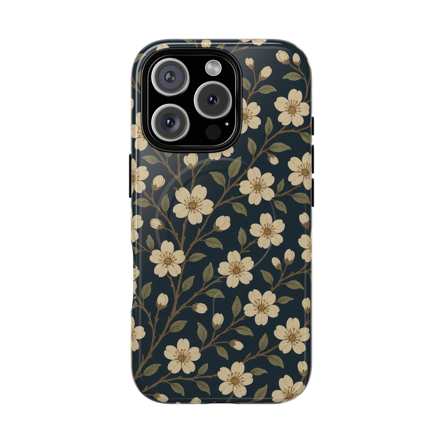 Navy Cherry Blossom Floral iPhone Case - Compatible with MagSafe