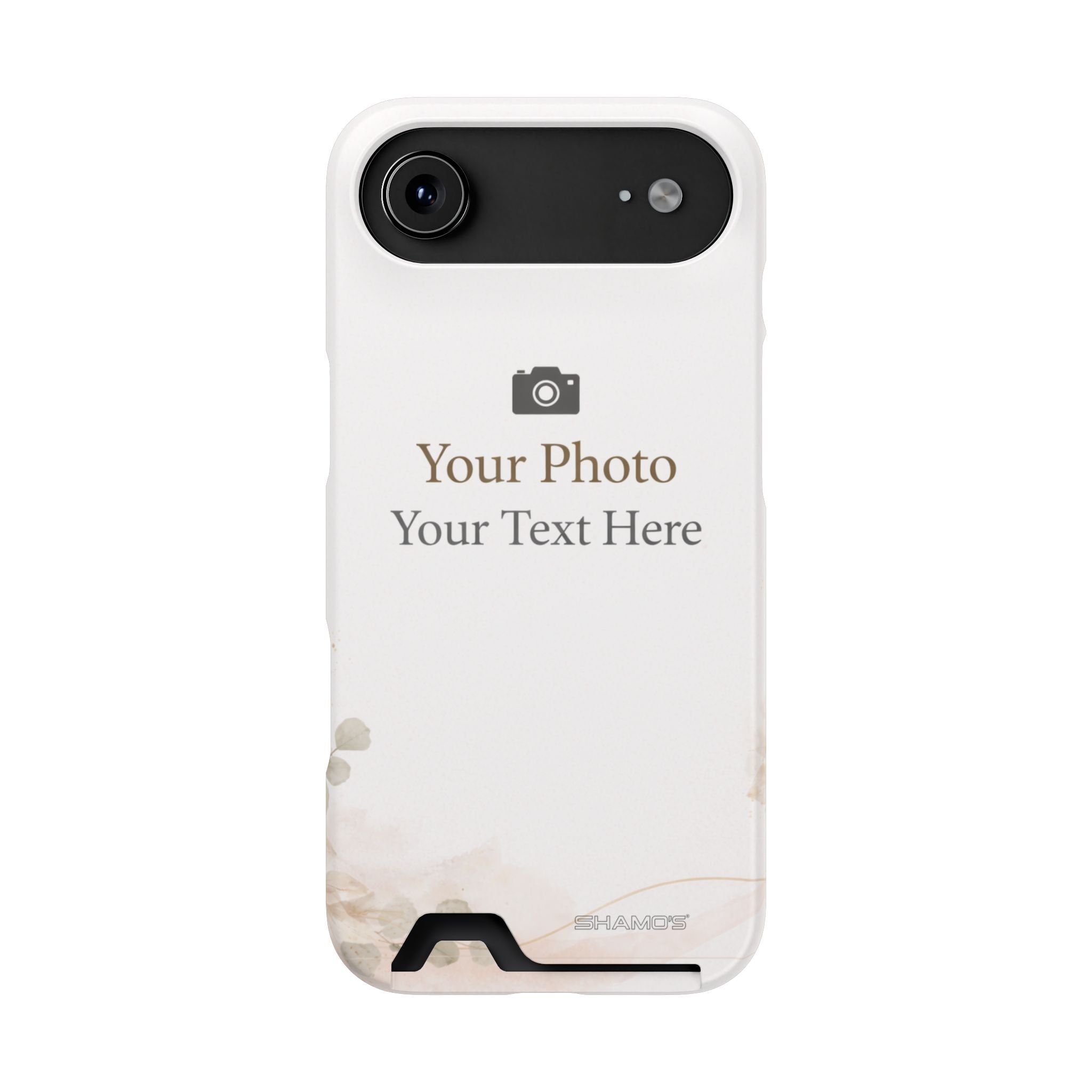 Custom card-holder phone case preview with text reading Your Photo, Your Text Here
