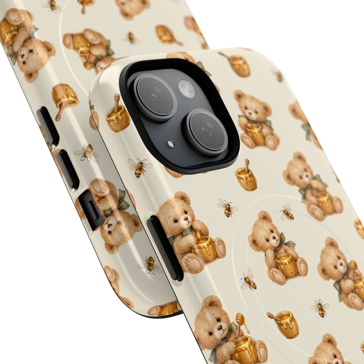 Honingknuffelbeer iPhone-hoesje — ontwerp met gele bij en honingpot met MagSafe