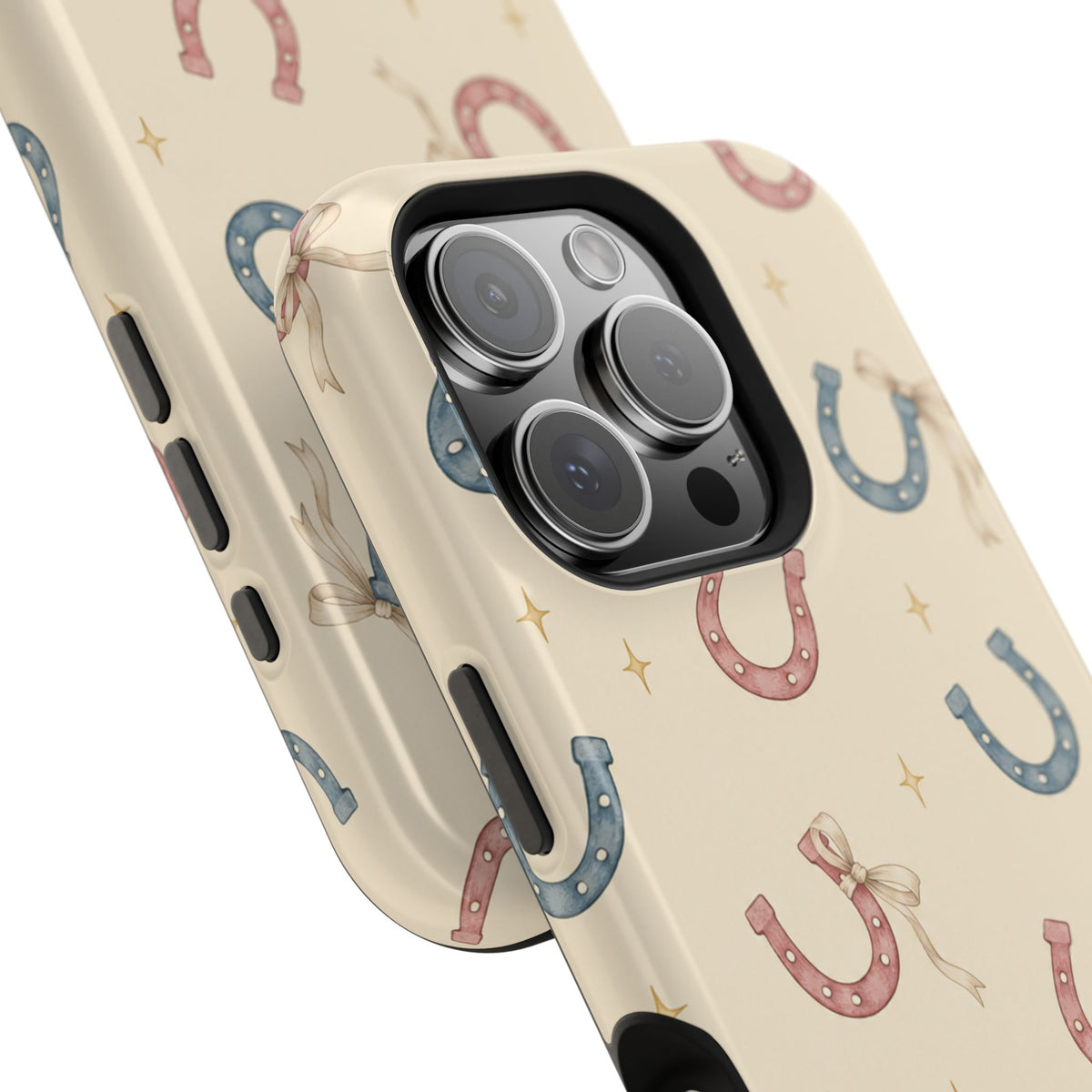 Prairie Horseshoes MagSafe Phone Case, glossy square triple-camera Pro model, camera and side-button close-up