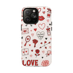 Romantic Love Doodle Tough iPhone Case ("LOVE", hearts, roses) (MagSafe compatible)  Shamo's iPhone 14 Pro Max / Matte