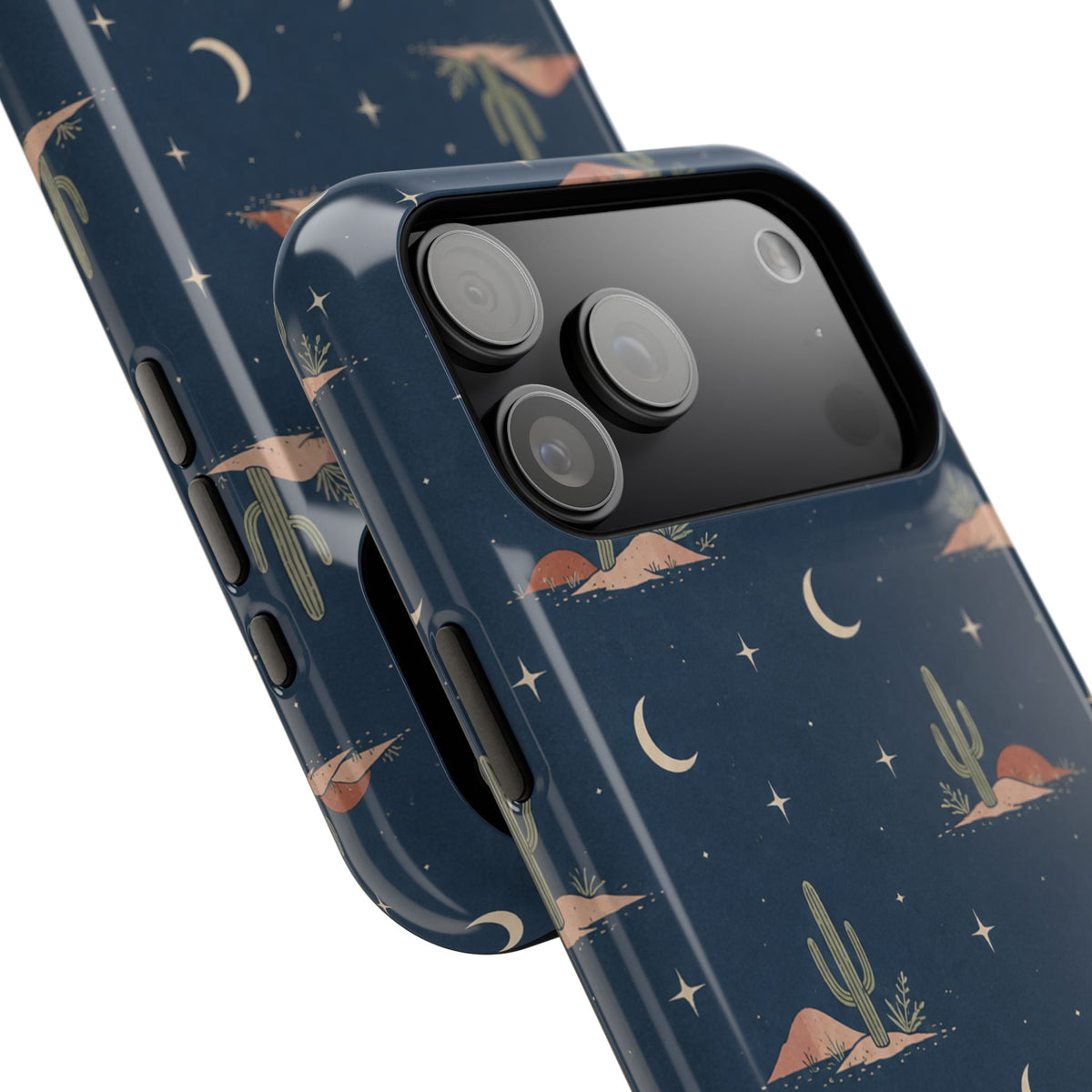 Desert Moon MagSafe Phone Case, glossy wide-camera Pro Max model, camera and side-button close-up