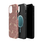 Rose Ponies MagSafe Phone Case, glossy diagonal dual-camera model, exploded shell and liner with magnetic ring