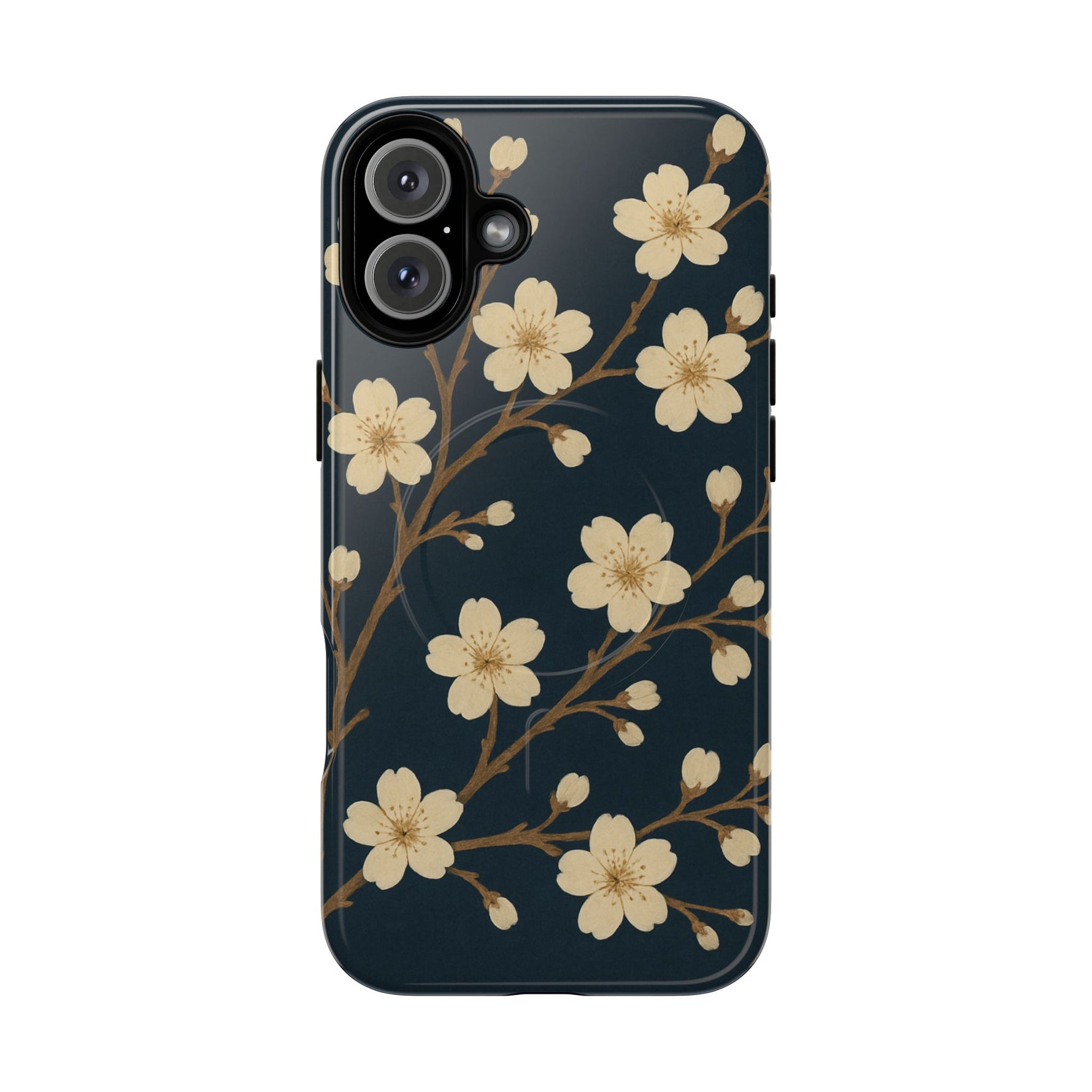 Navy Cherry Blossom Floral iPhone Case - Compatible with MagSafe - Shamo's