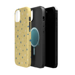 Prairie Stars – Yellow and Blue Star MagSafe Phone Case, glossy diagonal dual-camera model, exploded shell and liner with magnetic ring