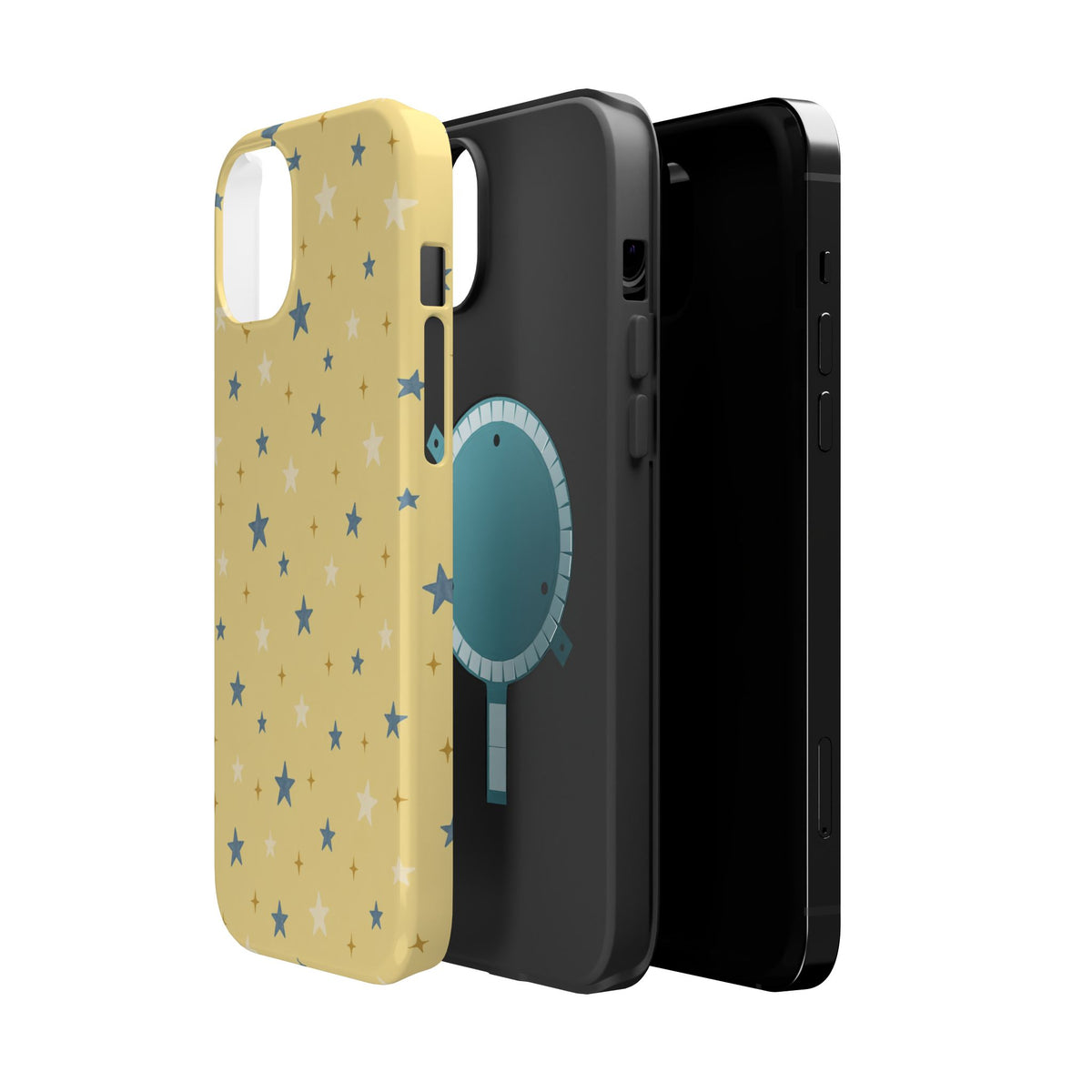 Prairie Stars – Yellow and Blue Star MagSafe Phone Case, glossy diagonal dual-camera model, exploded shell and liner with magnetic ring