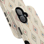 Desert Diamonds – Pastel Geometric Pattern MagSafe Phone Case, glossy vertical dual-camera model, camera and side-button close-up