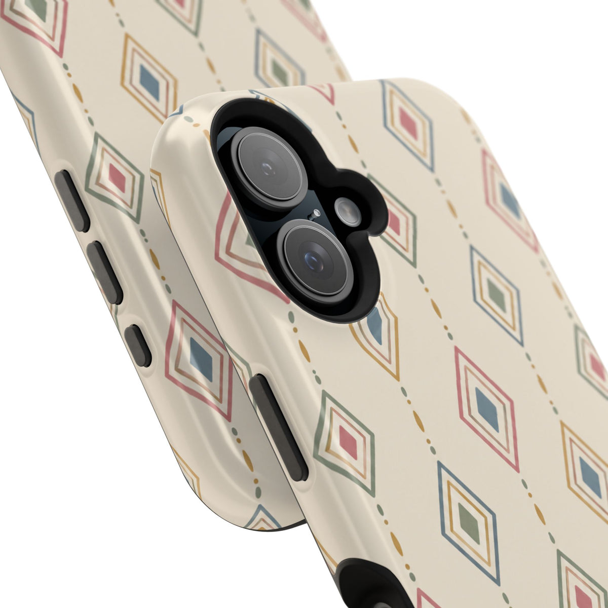 Desert Diamonds – Pastel Geometric Pattern MagSafe Phone Case, glossy vertical dual-camera model, camera and side-button close-up