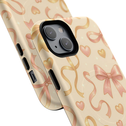 Festive Bow Charm iPhone Case — Pink & Gold Ribbon Hearts with MagSafe