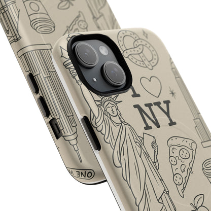 NY City Icons Tough iPhone Case — Statue of Liberty, Pizza & Taxi Pattern | Compatible with MagSafe