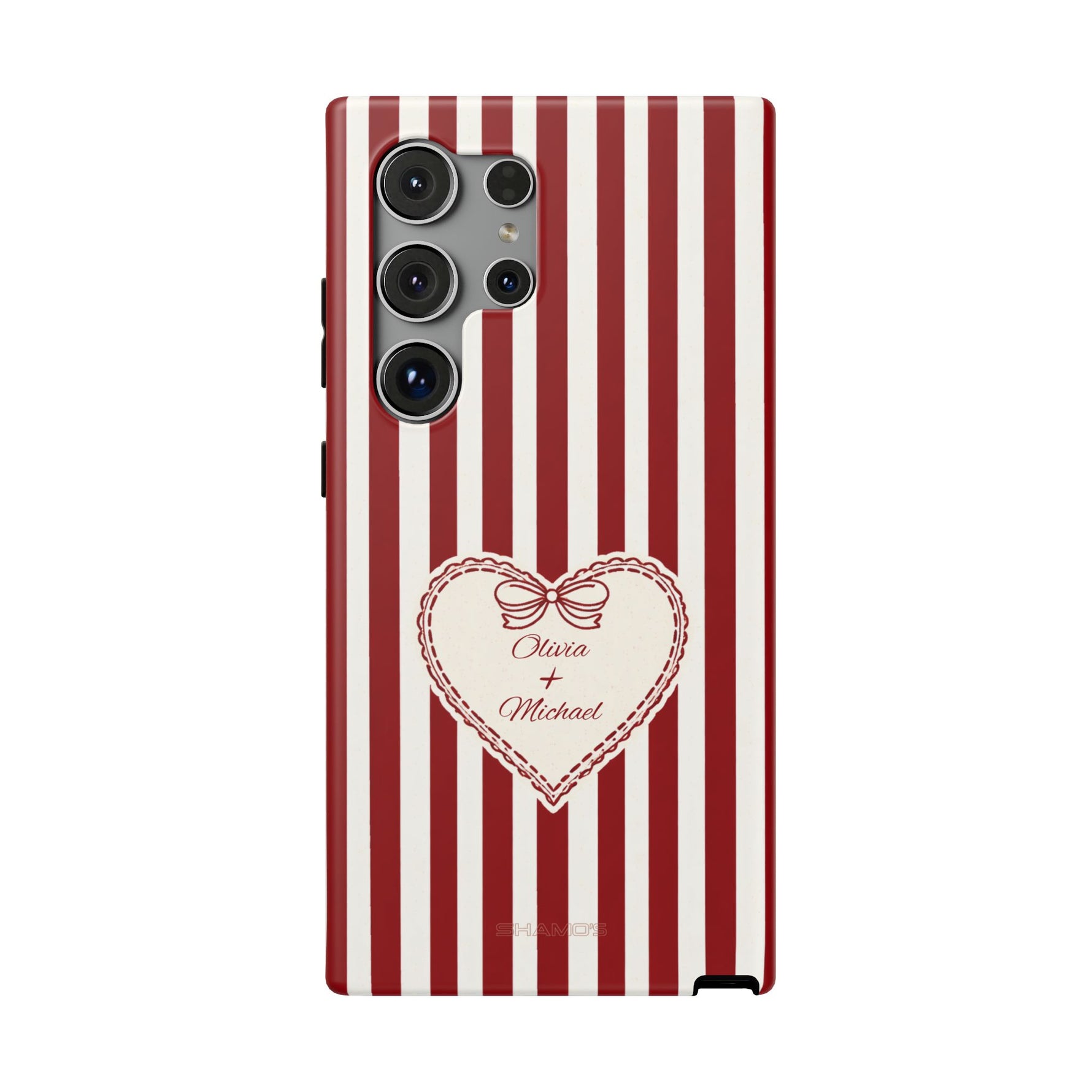 Funda personalizada a rayas — Diseño de corazón rojo y blanco (nombres personalizados)