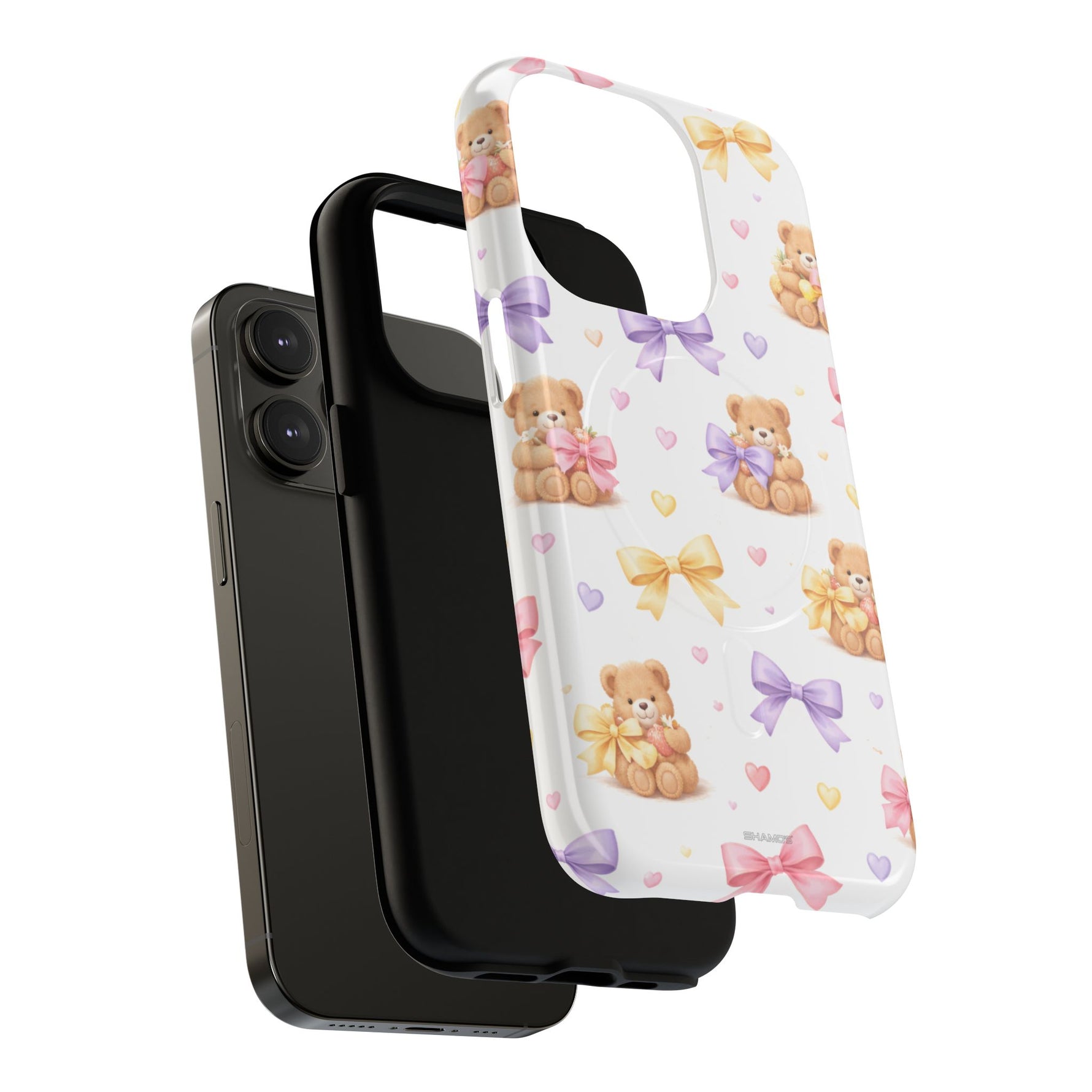 Black smartphone with two protective cases, one solid black and one white with teddy bears and colorful bows pattern, showing case size variant