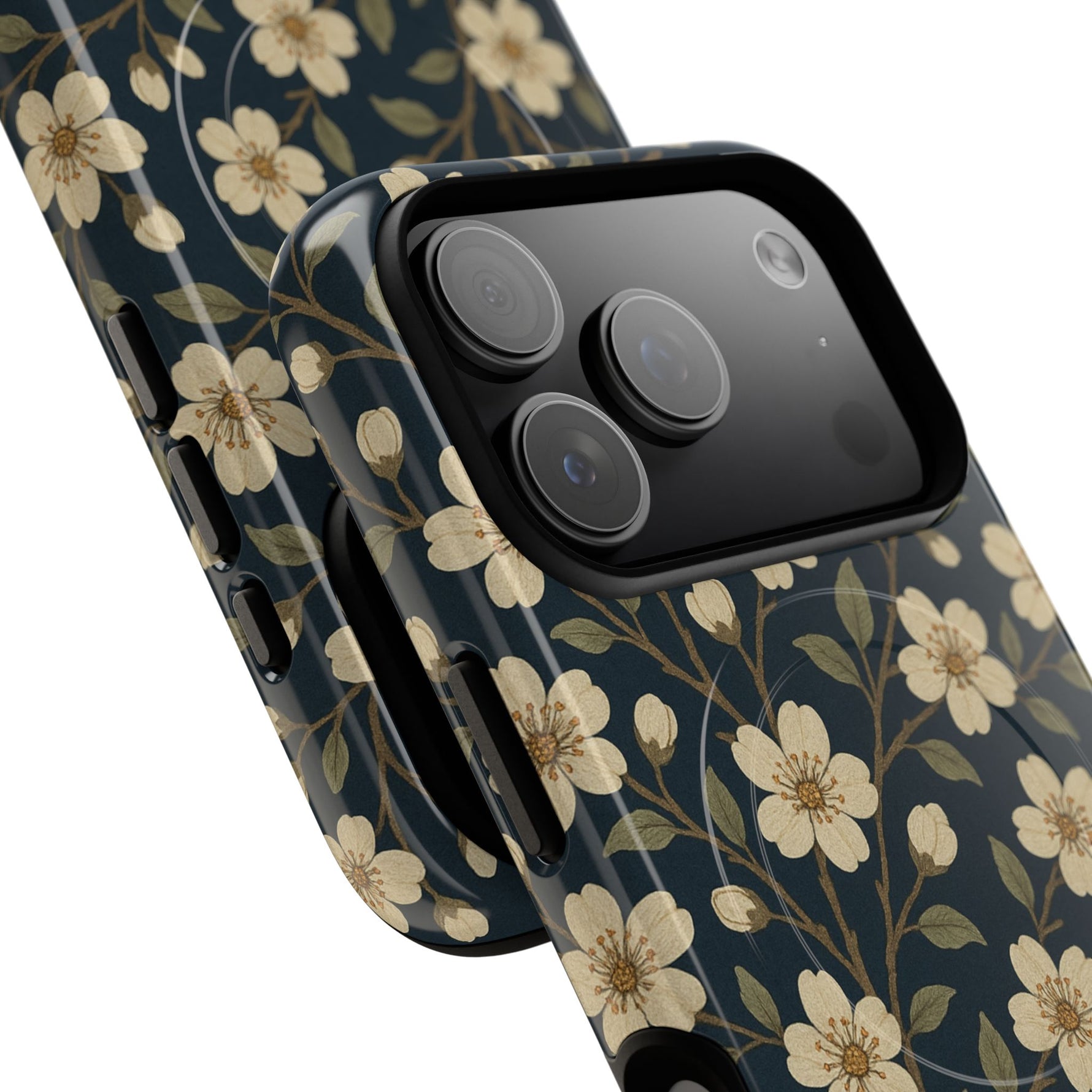 Navy Cherry Blossom Floral iPhone Case - Compatible with MagSafe - Shamo's
