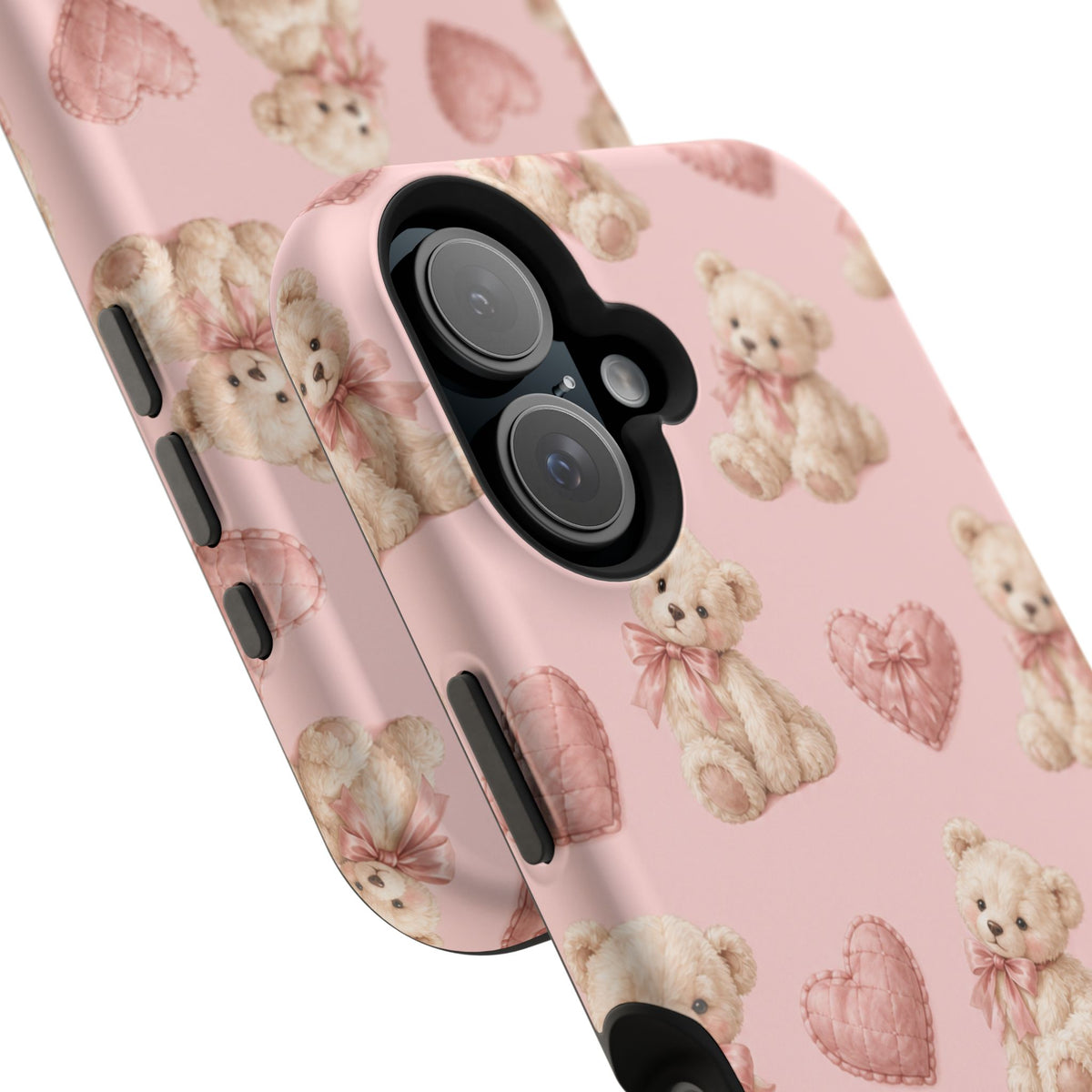 Pink Teddy Hearts Love iPhone Case, Impact-Resistant MagSafe Compatible