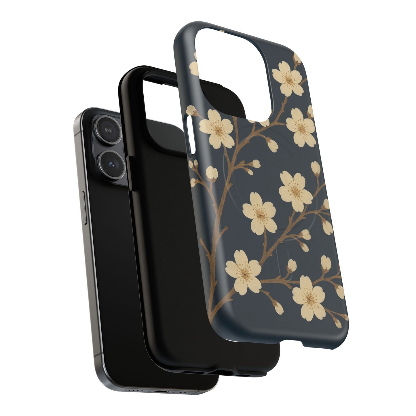 Navy Cherry Blossom Floral iPhone Case - Compatible with MagSafe