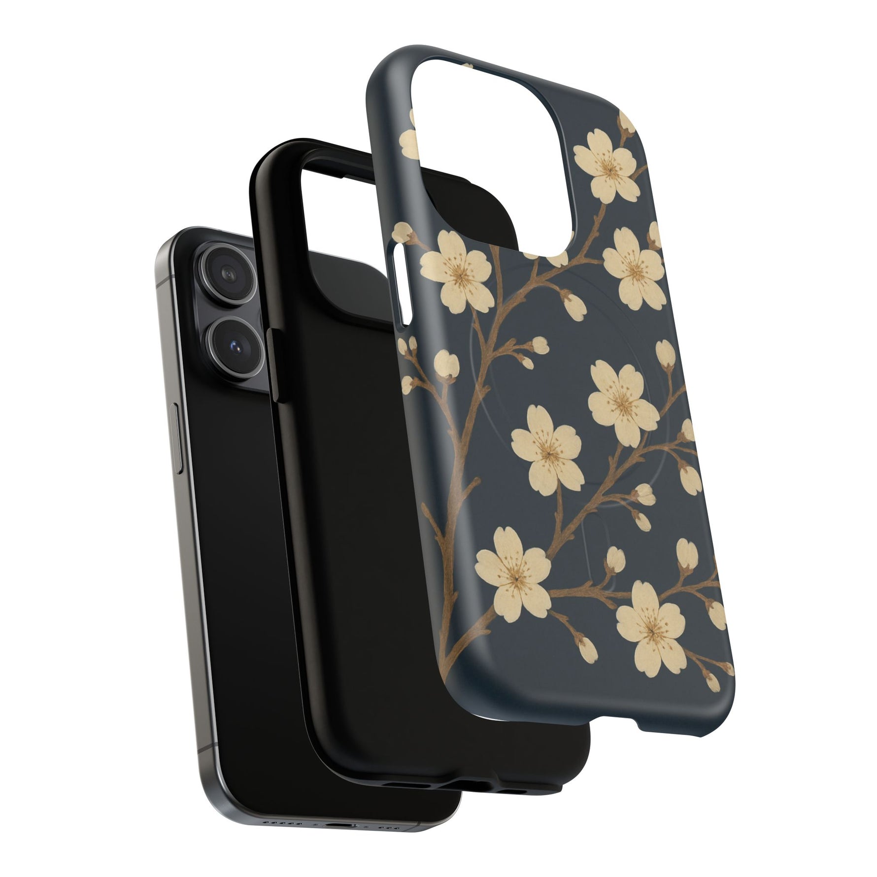Navy Cherry Blossom Floral iPhone Case - Compatible with MagSafe - Shamo's