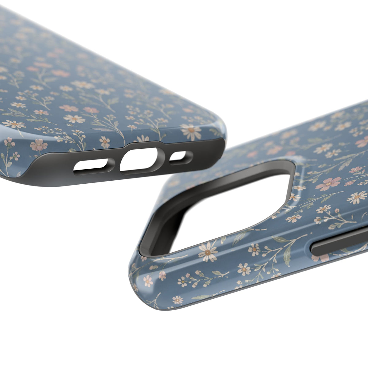 Denim Wildflowers MagSafe Phone Case, glossy square triple-camera Pro model, port openings and edge details