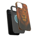 Black smartphone with layered protective cases, one featuring realistic lion face, showing size variant