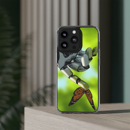 Clear Cases for iPhone 14 Series with Robotic hand and Butterfly.
