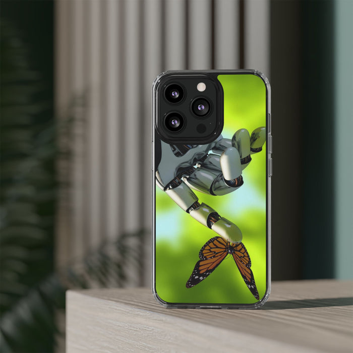 Clear Cases for iPhone 14 Series with Robotic hand and Butterfly.