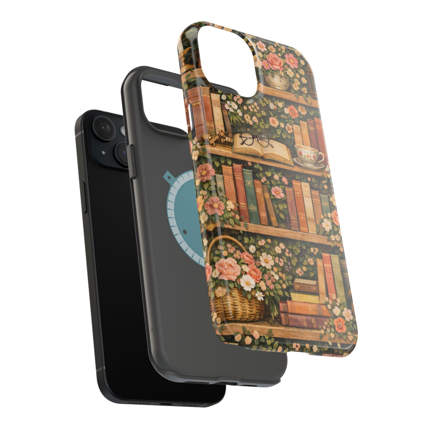 Floral Bookshelf iPhone Case — MagSafe Magnetic, Impact-Resistant