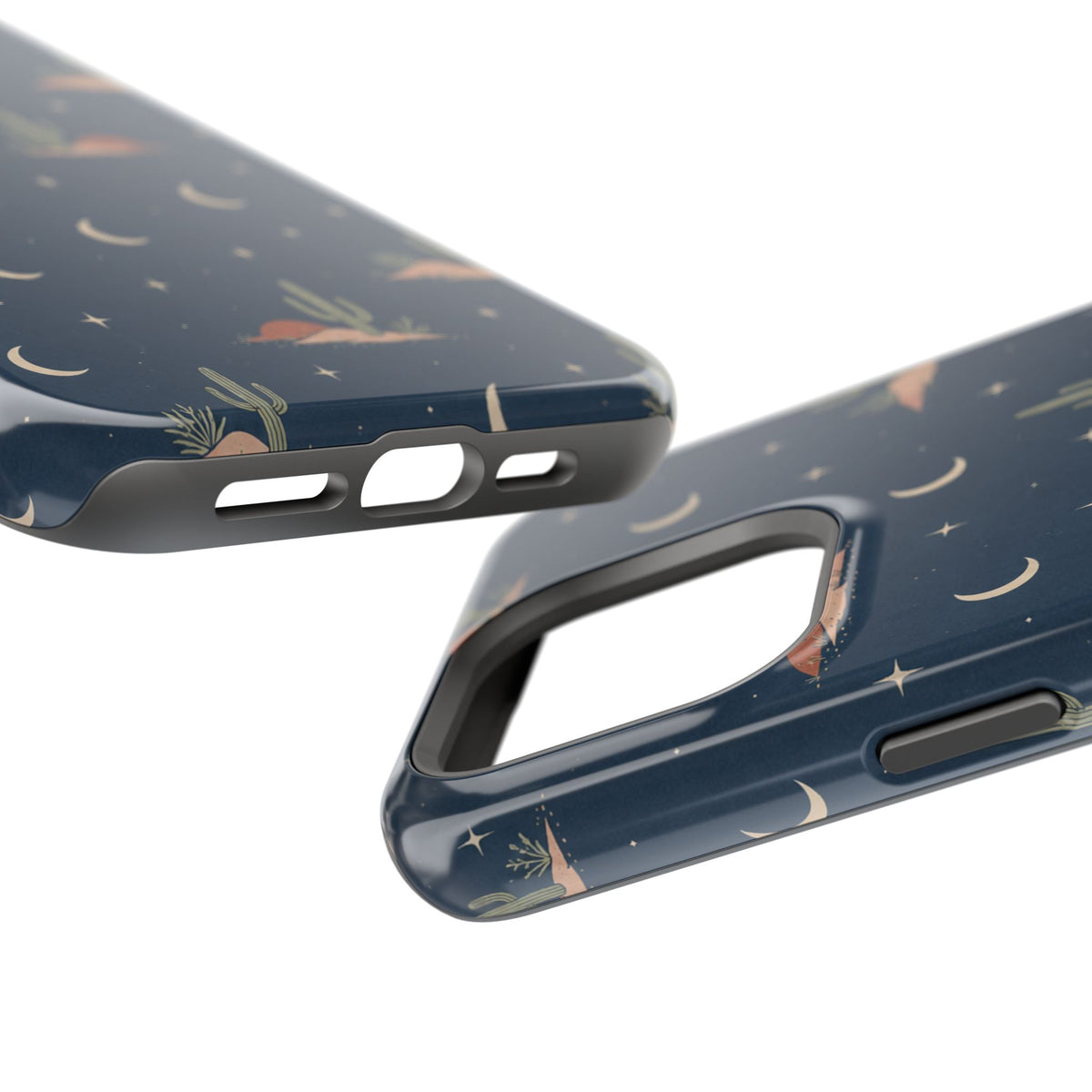 Desert Moon MagSafe Phone Case, glossy square triple-camera Pro model, port openings and edge details
