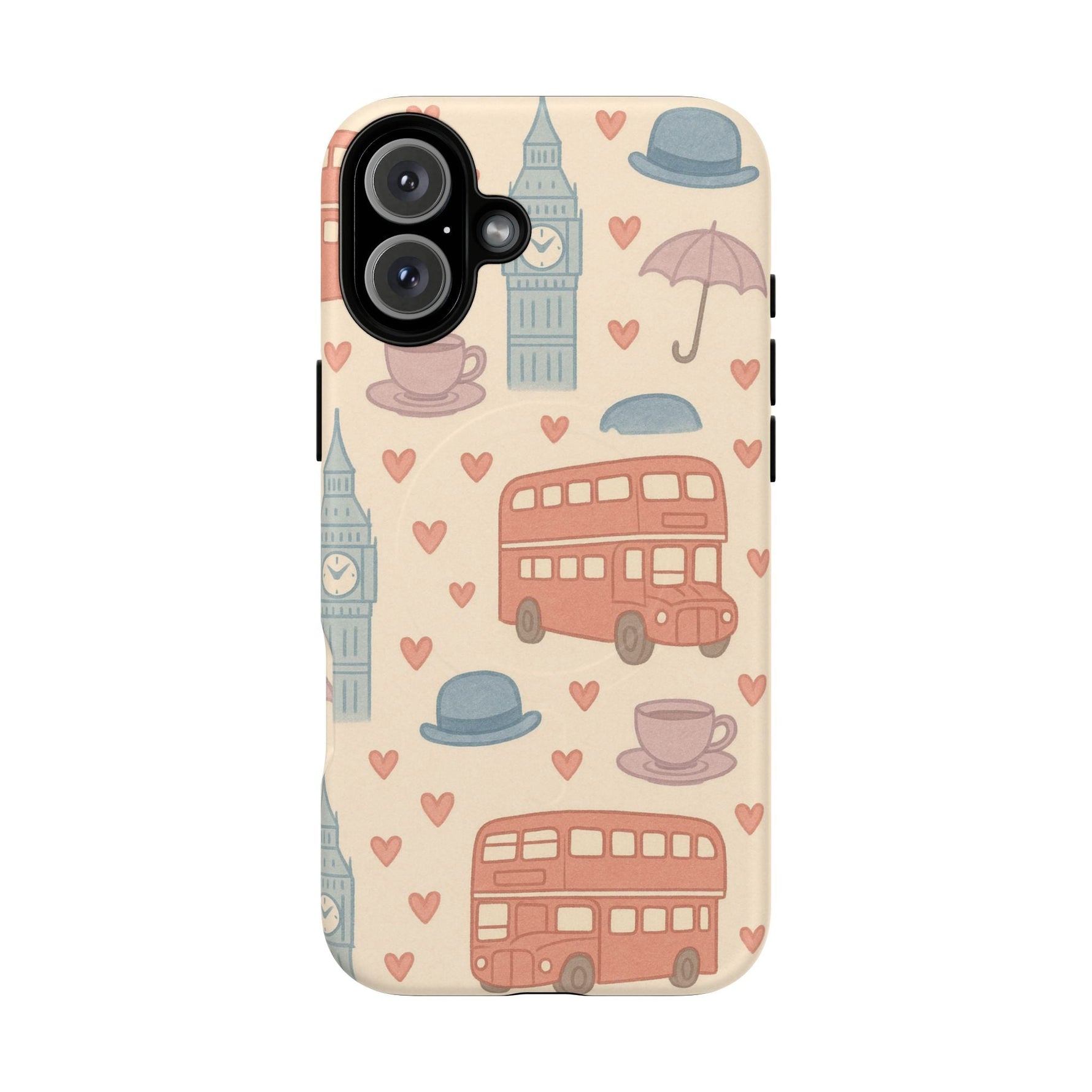 London Icons Hand-Drawn iPhone Case — Cute Double-Decker Bus & Big Ben Pattern with MagSafe compatibility  Shamo's iPhone 16 Plus / Matte