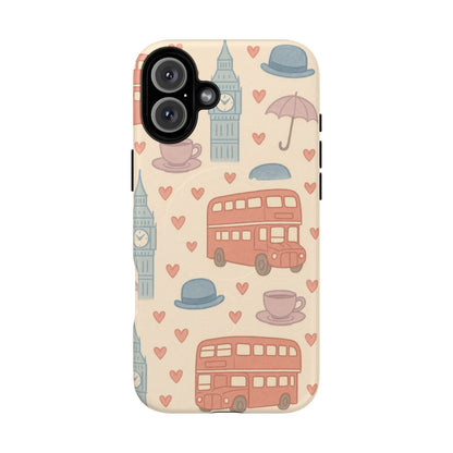 London Icons Hand-Drawn iPhone Case — Cute Double-Decker Bus & Big Ben Pattern with MagSafe compatibility
