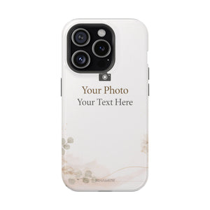 Custom phone case preview with a pale background and text reading Your Photo, Your Text Here