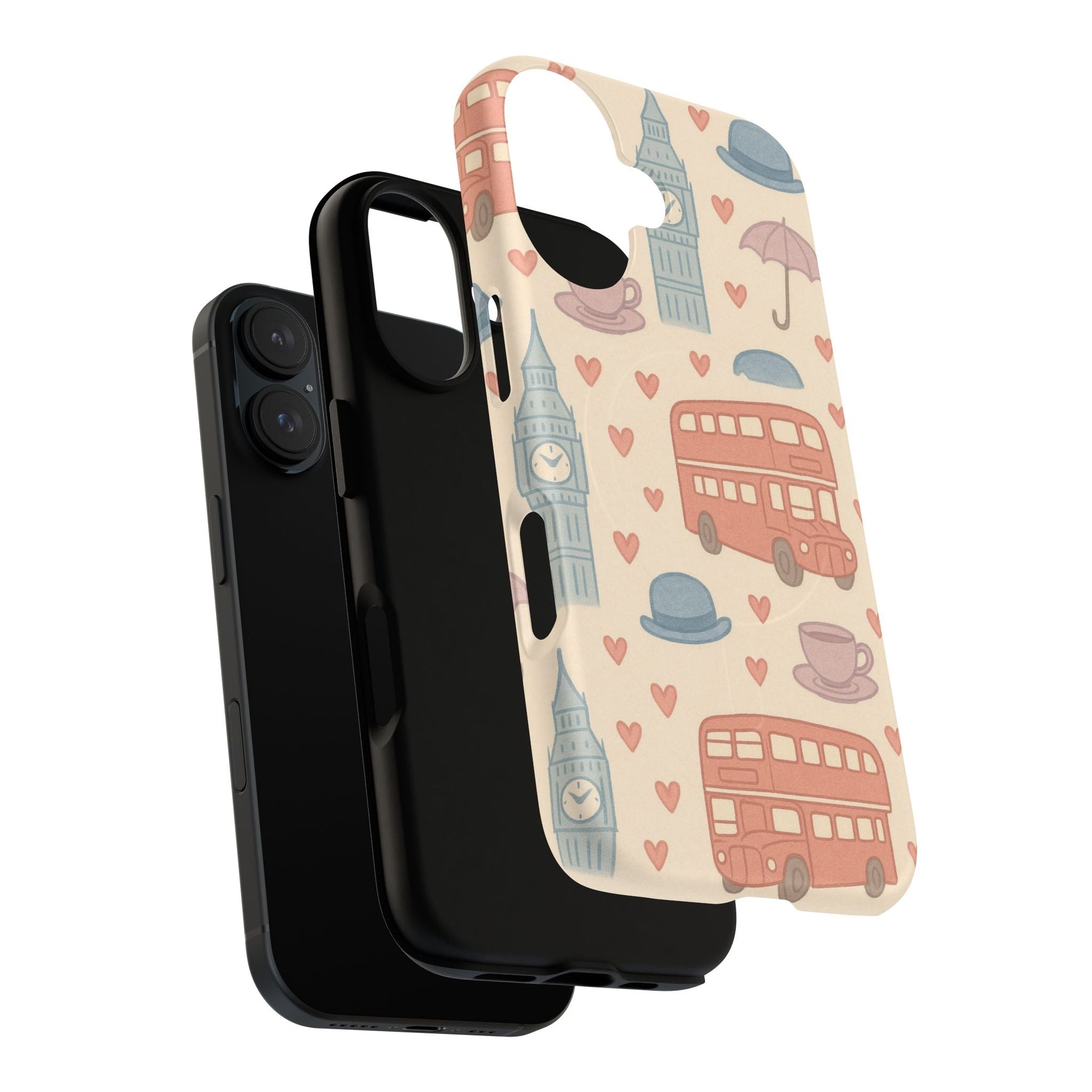 London Icons Hand-Drawn iPhone Case — Cute Double-Decker Bus & Big Ben Pattern with MagSafe compatibility  Shamo's