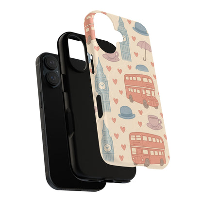 London Icons Hand-Drawn iPhone Case — Cute Double-Decker Bus & Big Ben Pattern with MagSafe compatibility