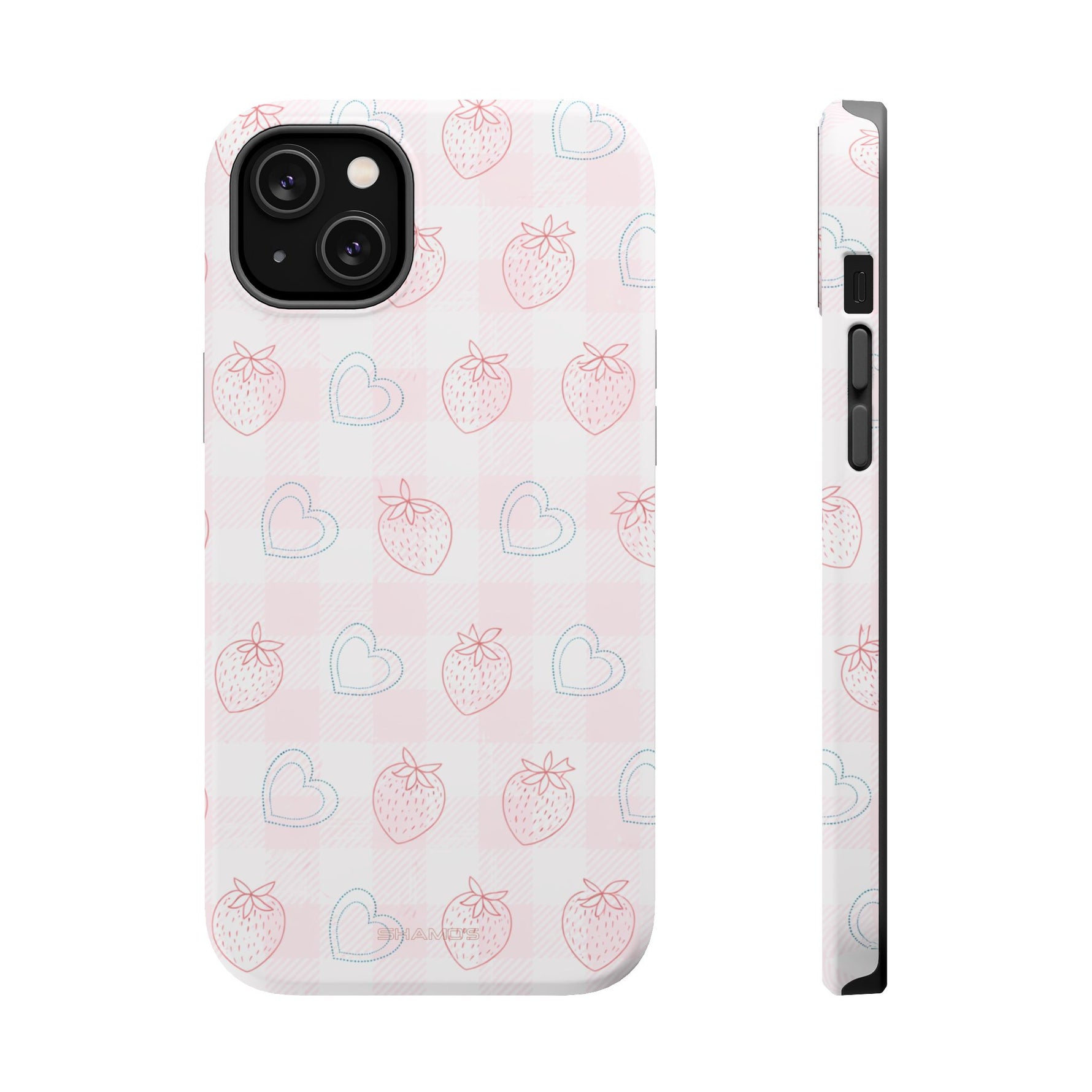 Strawberry Hearts MagSafe Compatible Phone Case | 'Paint it your way' Pink Plaid Impact-Resistant