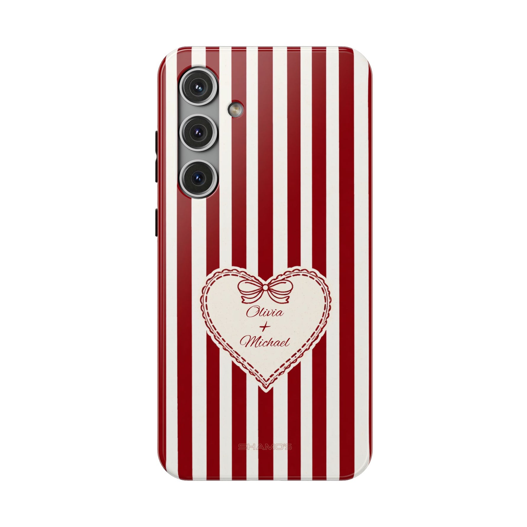 Funda personalizada a rayas — Diseño de corazón rojo y blanco (nombres personalizados)