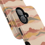 Sunset Trails – Desert Landscape MagSafe Phone Case, glossy vertical dual-camera model, camera and side-button close-up