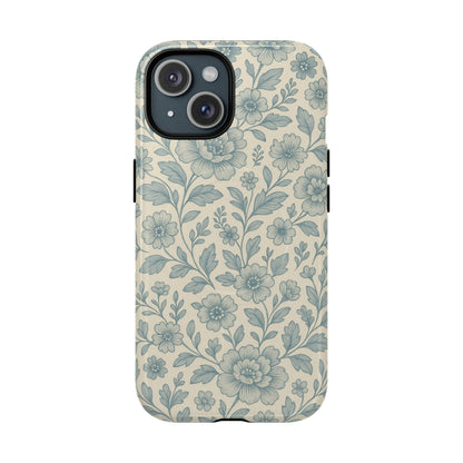Vintage Blue Floral Tough Case for iPhone - Compatible with MagSafe