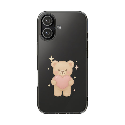 Romantic Teddy Bear Impact-Resistant iPhone Case with Heart Design