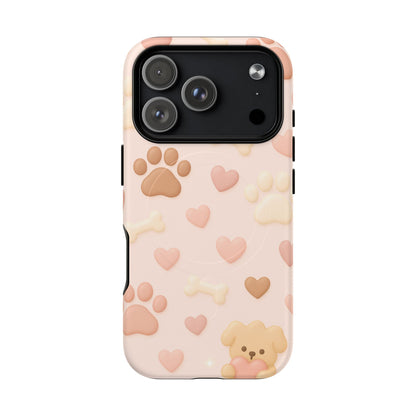 Pet Paw Pattern Phone Case — Pink Puppy Hearts & Bones with MagSafe