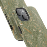 Golden Meadow – Sage Green Wildflower MagSafe Phone Case, glossy diagonal dual-camera model, camera and side-button close-up