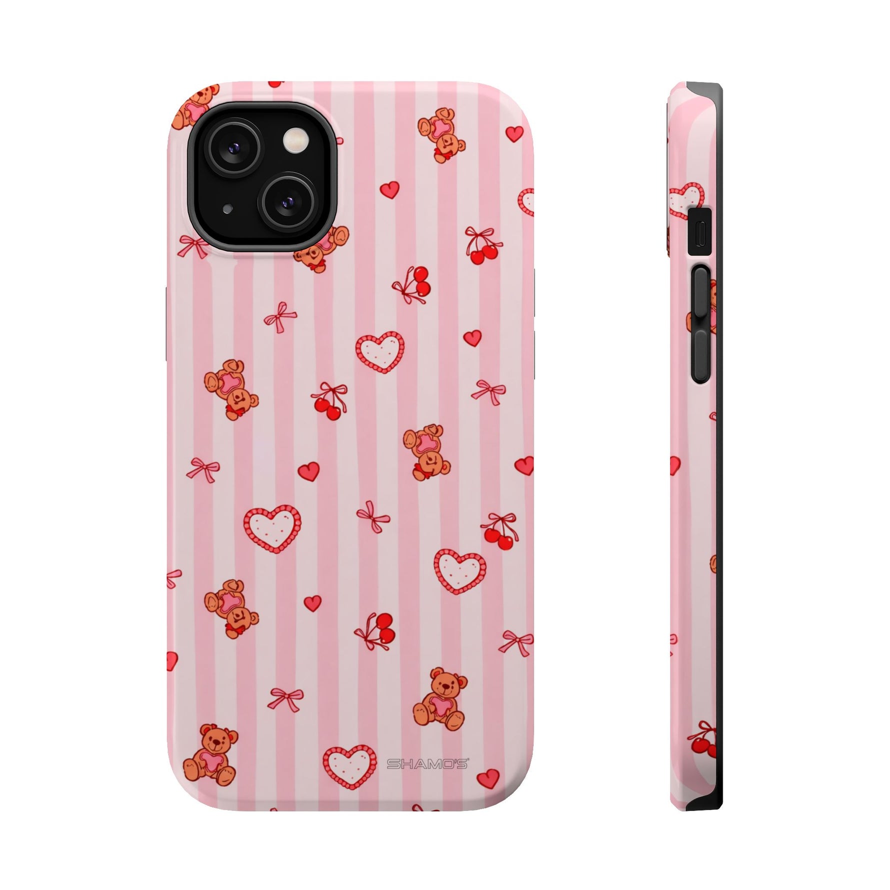 Pink Teddy Hearts Love iPhone Case, Impact-Resistant MagSafe Compatible