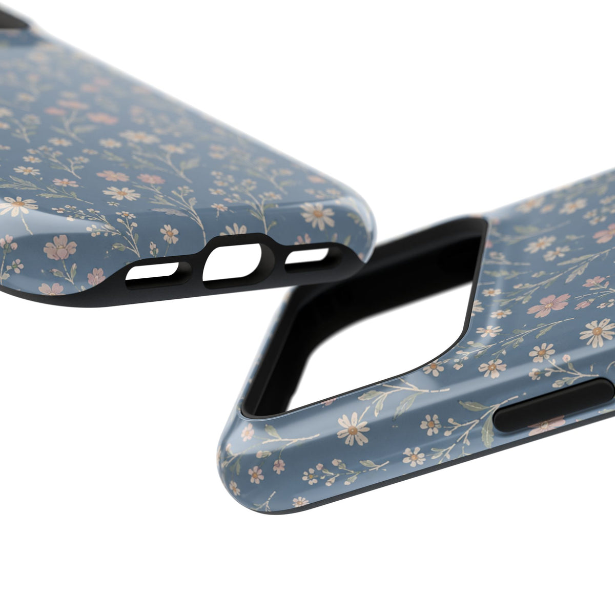 Denim Wildflowers MagSafe Phone Case, glossy wide-camera Pro model, port openings and edge details