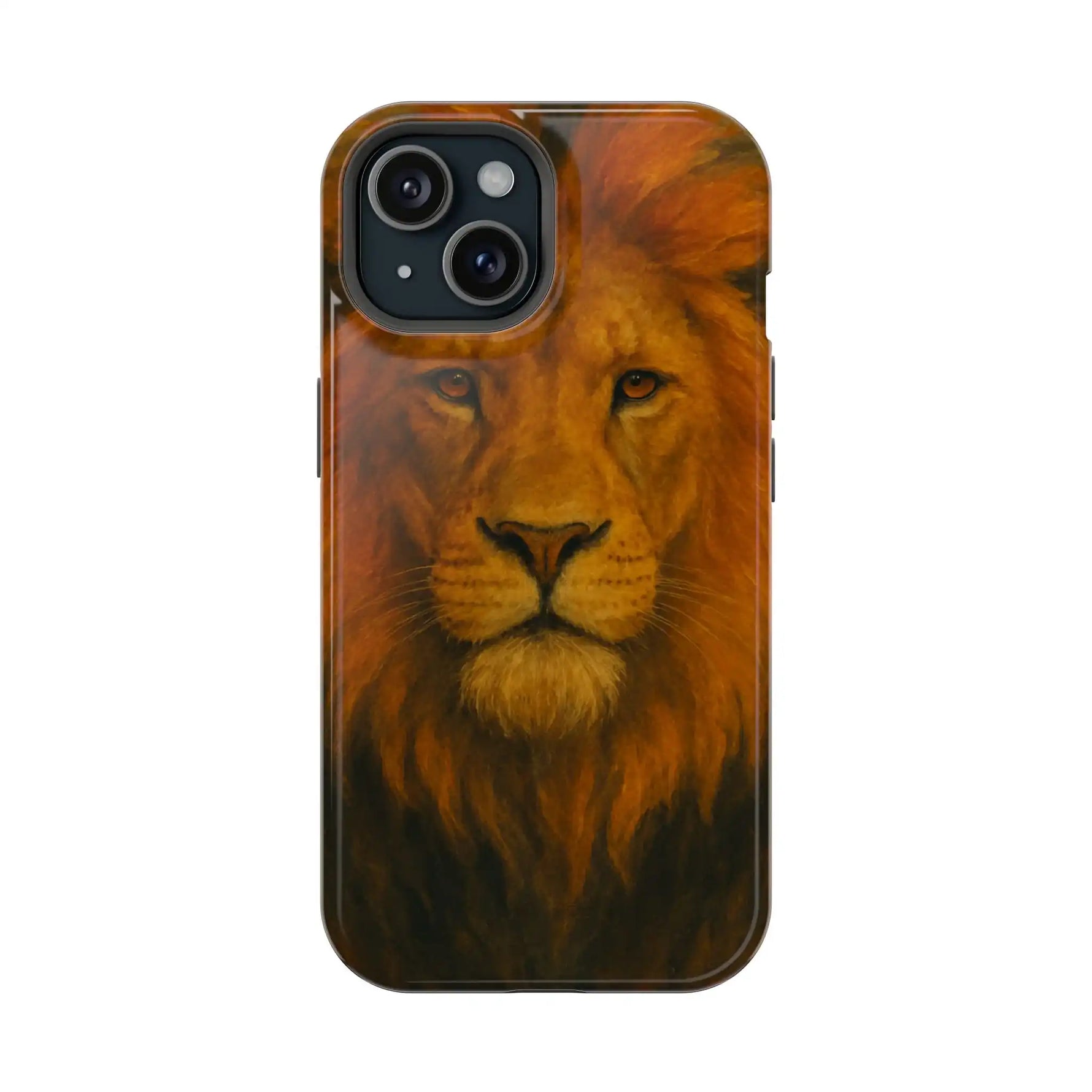 iPhone 14 phone case with realistic lion face design, variant size shown