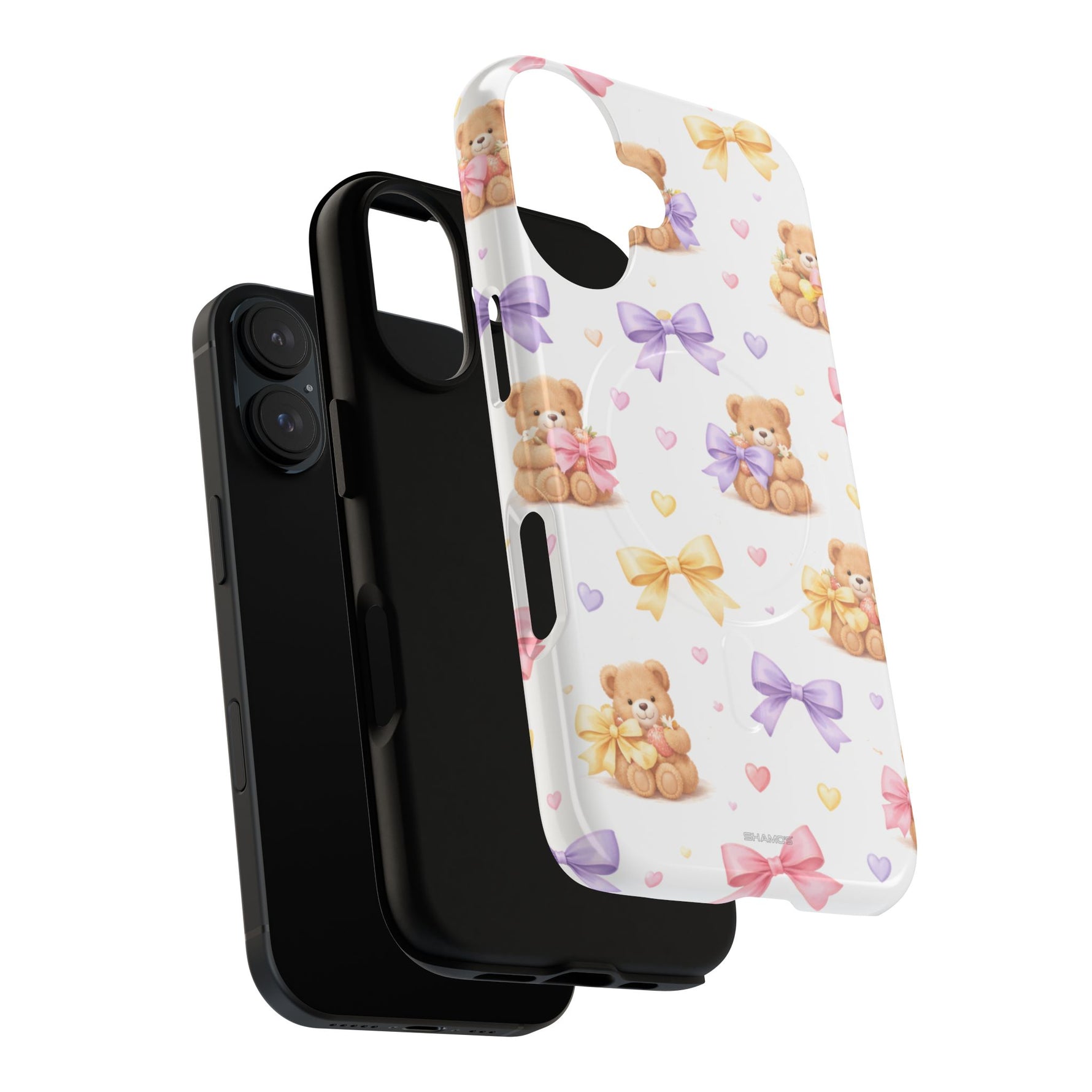 Three-layer phone case for iPhone with teddy bear, bows, and heart pattern, showing side and back views