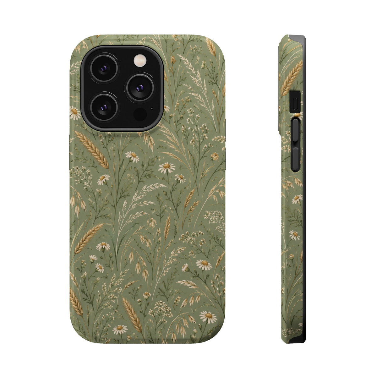 Golden Meadow – Sage Green Wildflower MagSafe Phone Case, glossy iPhone 14 Pro, rear and side profile