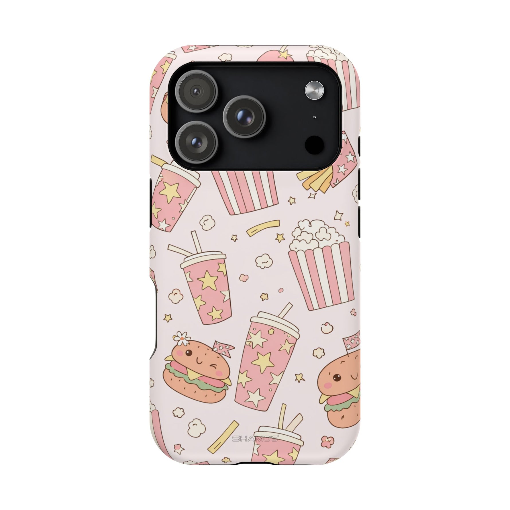 Kawaii Snack Pattern Magnetic Phone Case, Cute Popcorn, Burger & Soda Design with MagSafe Compatibility