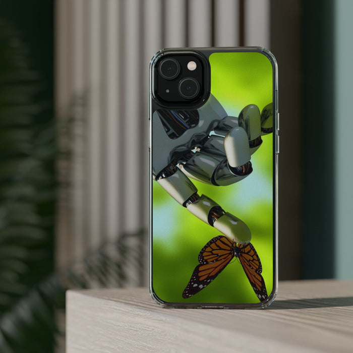 Clear Cases for iPhone 14 Series with Robotic hand and Butterfly.