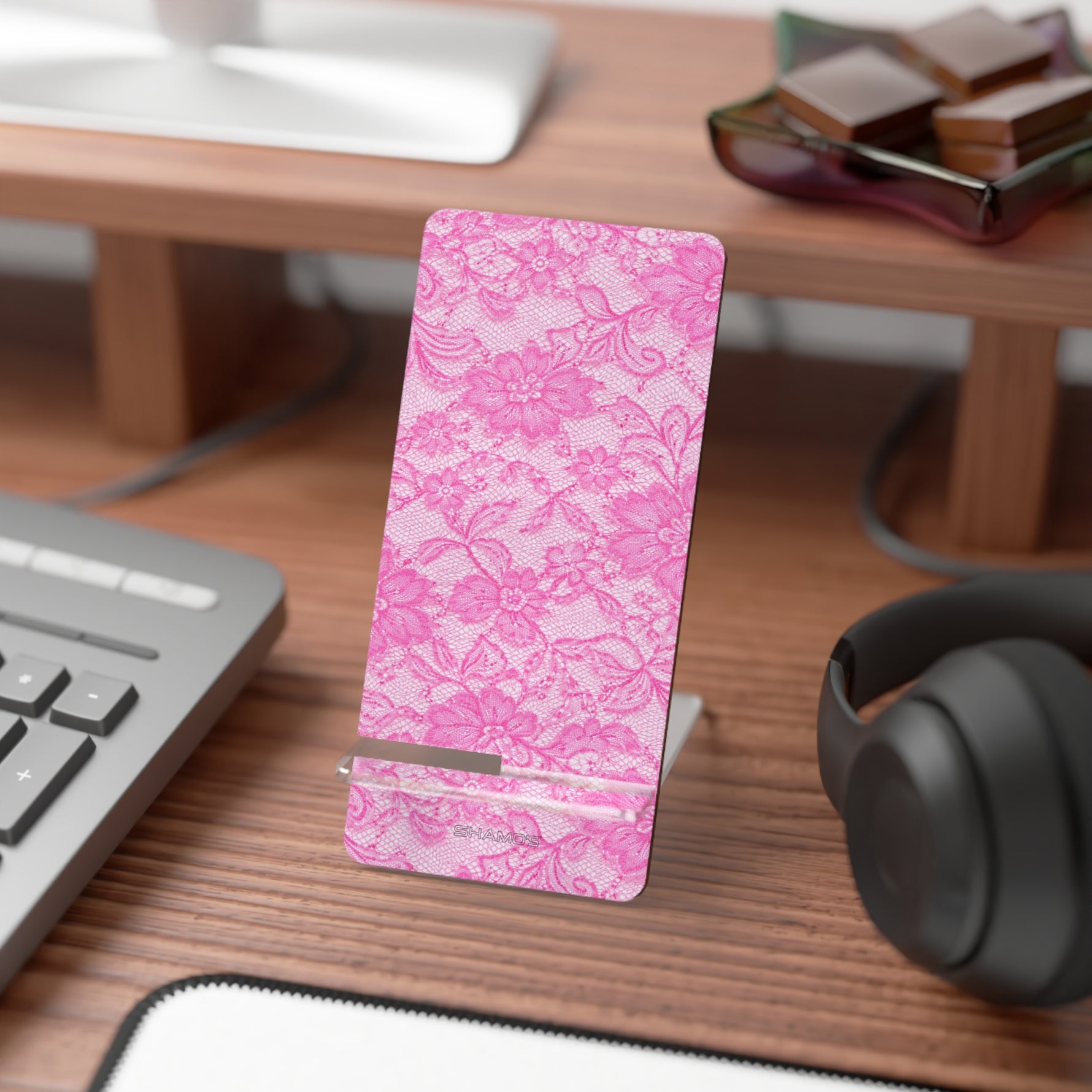Pink Floral Lace Phone Stand — Foldable Mobile Display Dock
