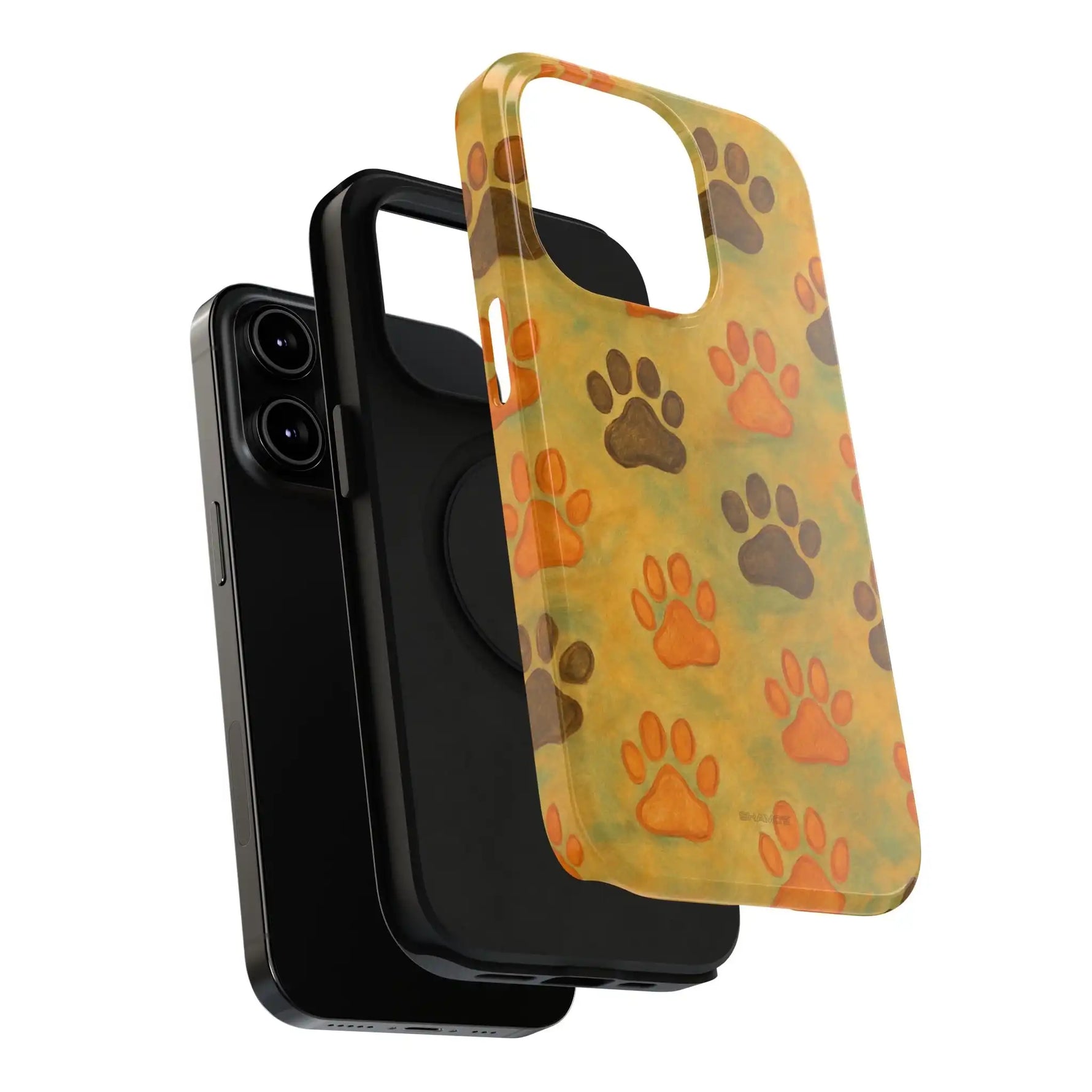 Black smartphone with black and paw print patterned protective cases showing variant sizes