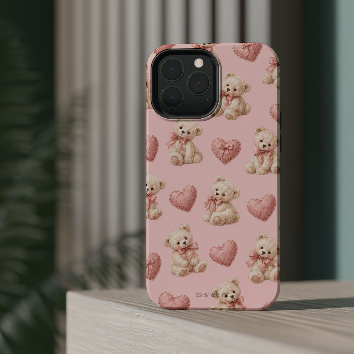 Pink Teddy Hearts Love iPhone Case, Impact-Resistant MagSafe Compatible