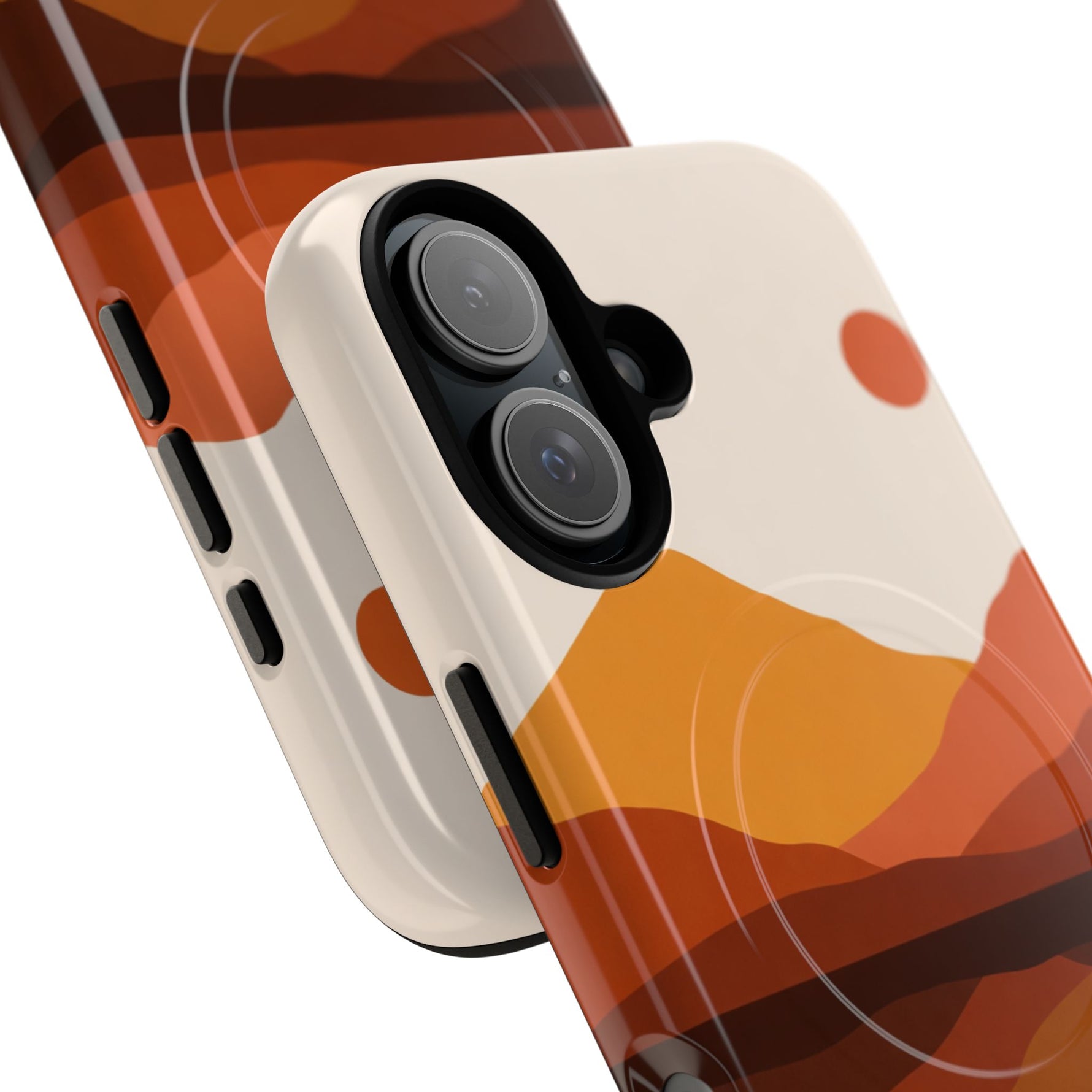 Two iPhone cases with brown, orange, and cream abstract landscape design, showing different sizes